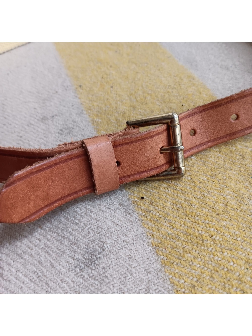 Medium Vintage Leather & Canvas Belt Prepppy Yach Club Brass Buckle USA-Made